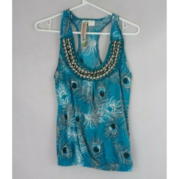 Fresh Brewed Women's Blue Studded Tank Top With Peacock Feathers Design Small - Picture 1 of 5